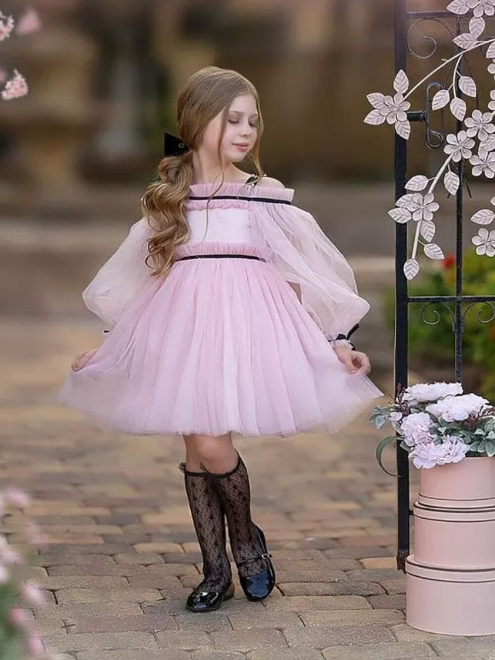 Petite Maison Kids NWT Girls' Coco Dress with Sheer Puff Tulle Sleeves Size 6Y
